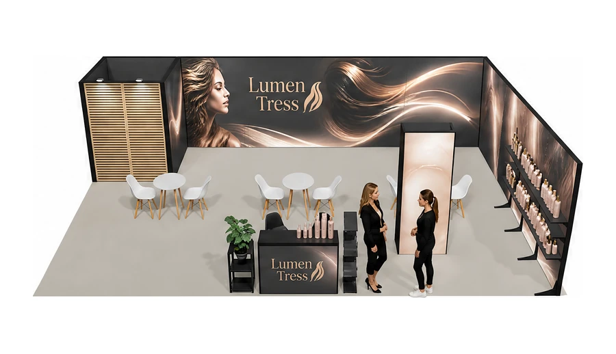 Stoisko 10 × 6 m narożne prawe dla branży fryzjerstwo i salony beauty, przykładowa marka Lumen Tress