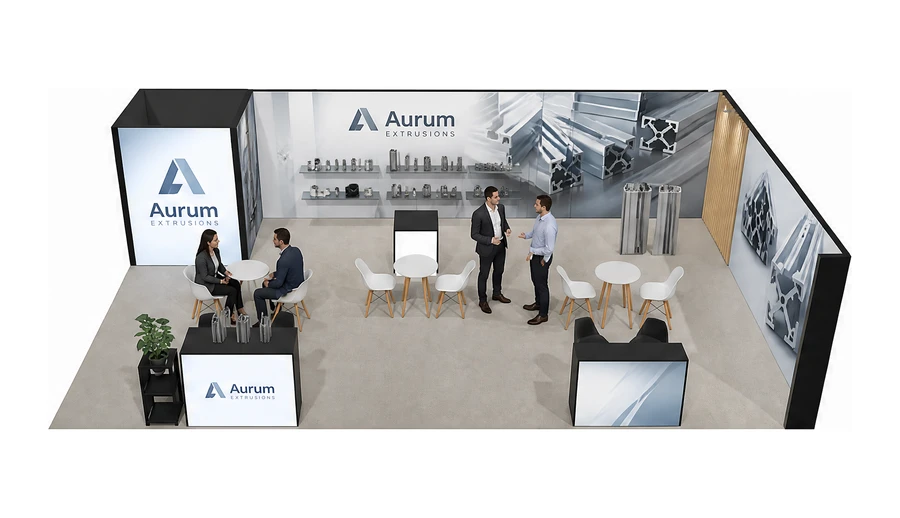 Stoisko 10 × 6 m narożne prawe dla branży profile aluminiowe, przykładowa marka Aurum Extrusions