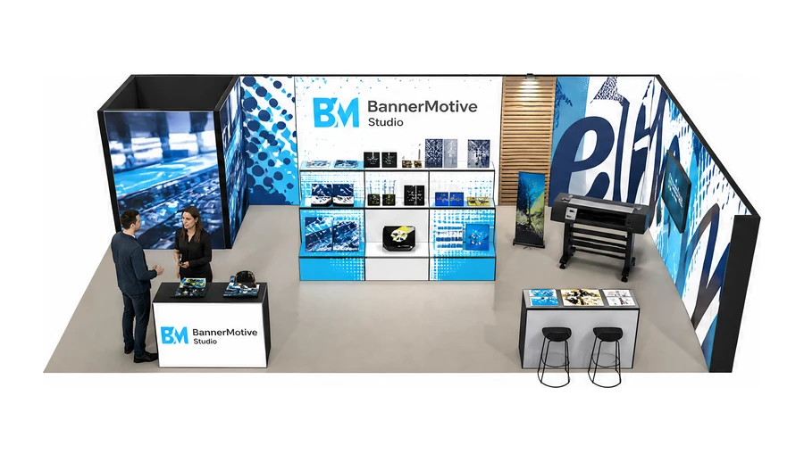 Stoisko 10 × 6 m narożne prawe dla branży reklama i druk, przykładowa marka BannerMotive Studio