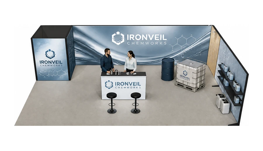 Stoisko 10 × 6 m narożne prawe dla branży chemia przemysłowa i powłoki, przykładowa marka Ironveil Chemworks