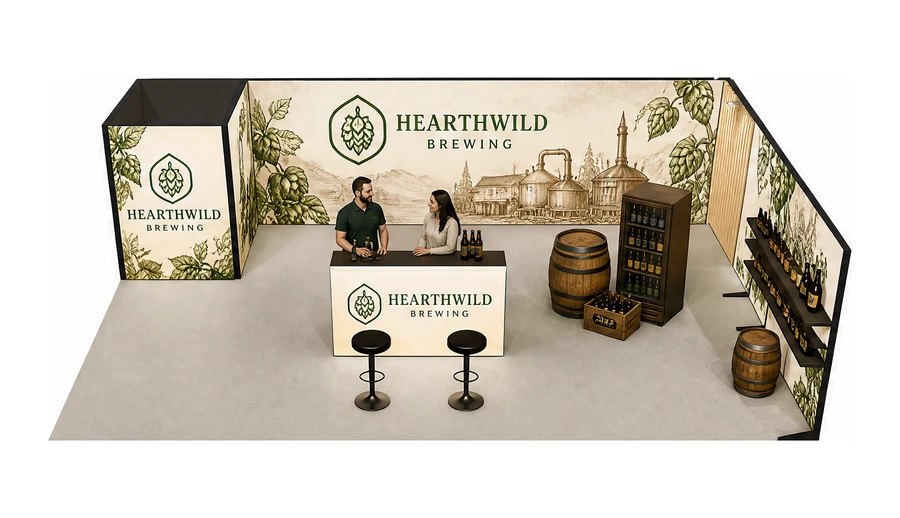 Stoisko 10 × 6 m narożne prawe dla branży browar rzemieślniczy, przykładowa marka Hearthwild Brewing