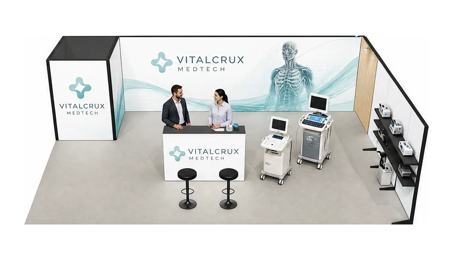 Stoisko 10 × 6 m narożne prawe dla branży sprzęt medyczny, przykładowa marka Vitalcrux Medtech