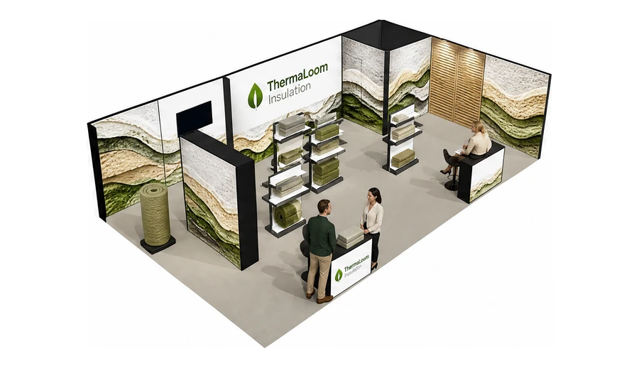 Stoisko 10 × 6 m narożne prawe dla branży izolacje techniczne, przykładowa marka ThermaLoom Insulation
