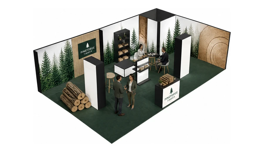 Stoisko 10 × 6 m narożne prawe dla branży leśnictwo i przemysł drzewny, przykładowa marka Pineforge Timber