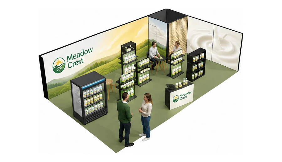 Stoisko 10 × 6 m narożne prawe dla branży nabiał i mleczarstwo, przykładowa marka Meadow Crest