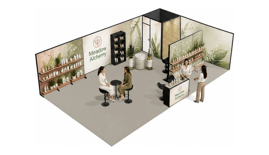 Stoisko 10 × 6 m narożne prawe dla branży kosmetyki naturalne, przykładowa marka Meadow Alchemy
