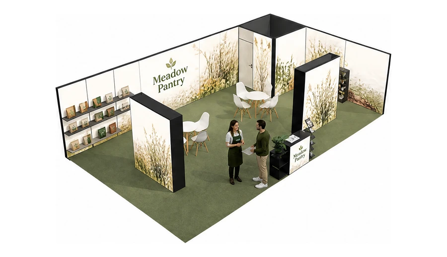 Stoisko 10 × 6 m narożne prawe dla branży żywność ekologiczna, przykładowa marka Meadow Pantry