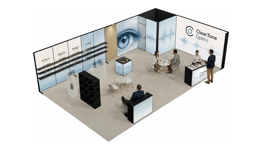 Stoisko 10 × 6 m narożne prawe dla branży optyka i audiologia, przykładowa marka ClearTone Optics