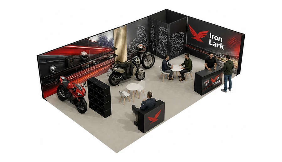 Stoisko 10 × 6 m narożne prawe dla branży motocykle i skutery, przykładowa marka Iron Lark