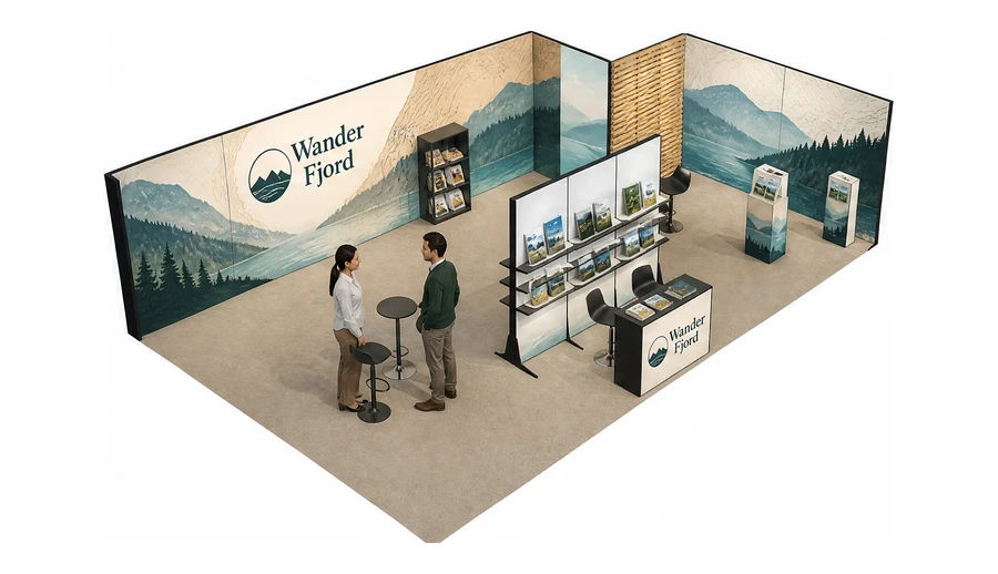 Stoisko 10 × 6 m narożne prawe dla branży biura podróży i regiony, przykładowa marka Wander Fjord