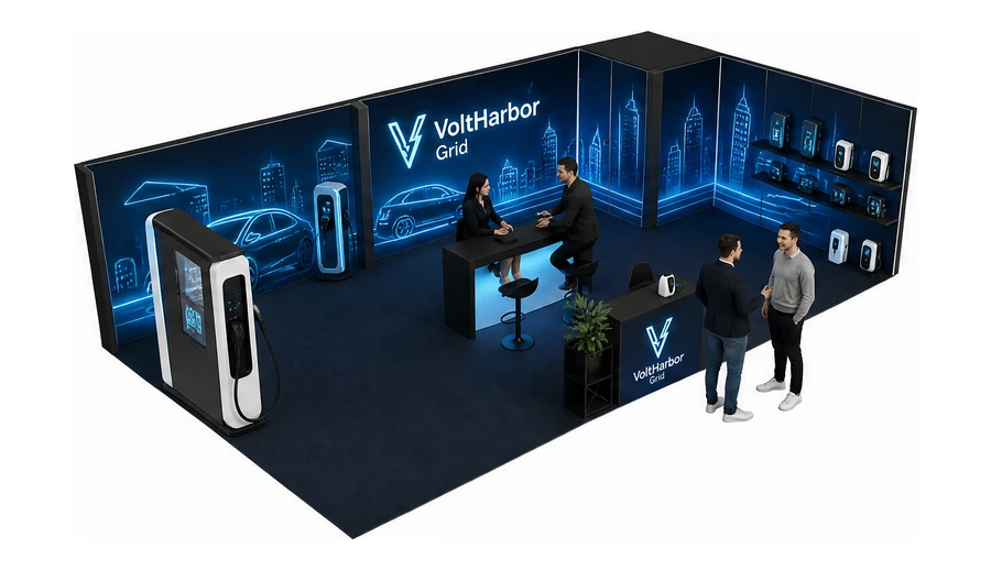 Stoisko 10 × 6 m narożne prawe dla branży elektromobilność i ładowarki, przykładowa marka VoltHarbor Grid
