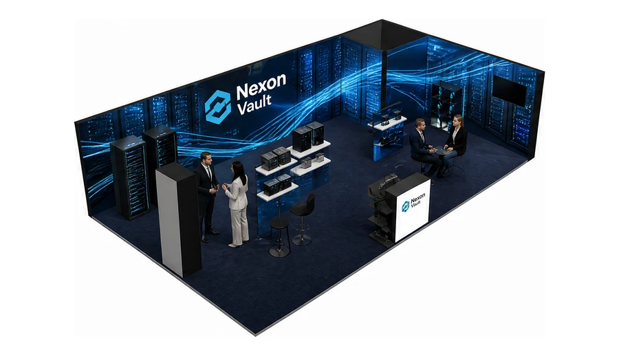 Stoisko 10 × 6 m narożne prawe dla branży infrastruktura IT i data center, przykładowa marka Nexon Vault