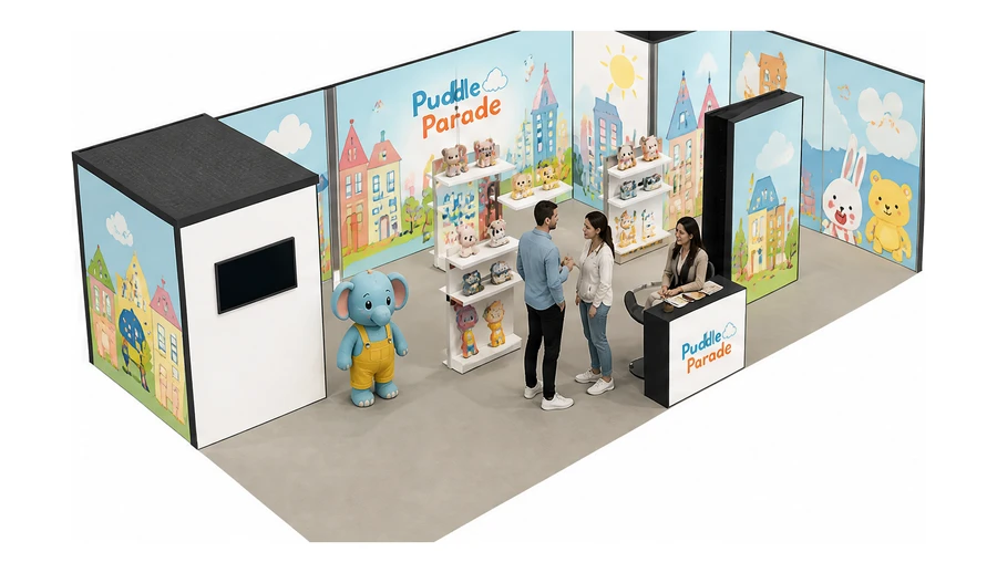 Stoisko 10 × 6 m narożne prawe dla branży zabawki i artykuły dziecięce, przykładowa marka Puddle Parade