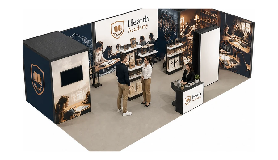 Stoisko 10 × 6 m narożne prawe dla branży edukacja i szkolenia, przykładowa marka Hearth Academy