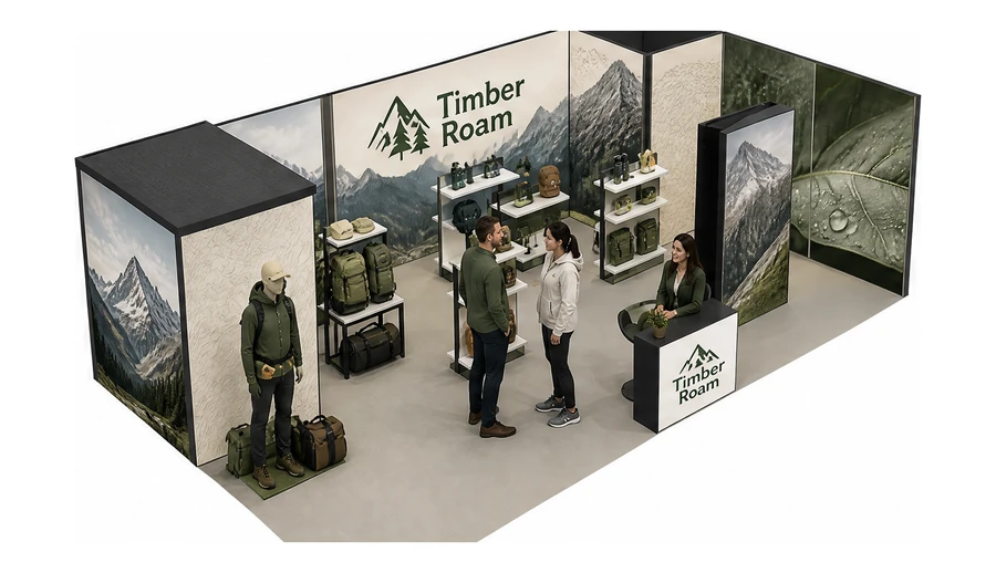 Stoisko 10 × 6 m narożne prawe dla branży odzież i sprzęt outdoorowy, przykładowa marka Timber Roam