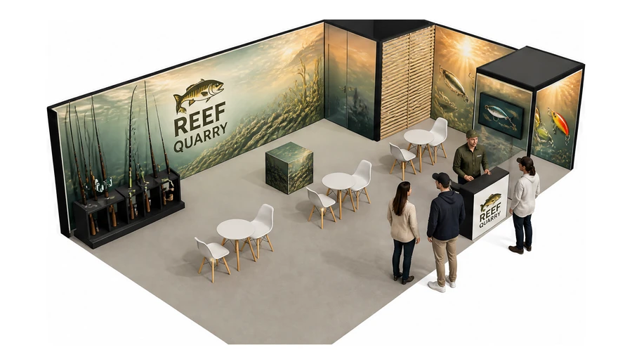 Stoisko 10 × 6 m narożne prawe dla branży wędkarstwo, przykładowa marka Reef Quarry