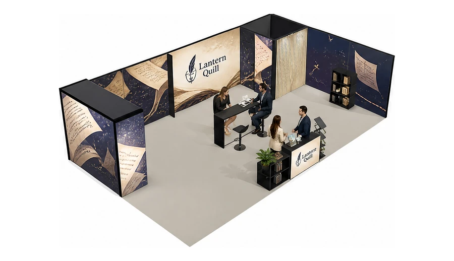 Stoisko 10 × 6 m narożne prawe dla branży wydawnictwa, przykładowa marka Lantern Quill