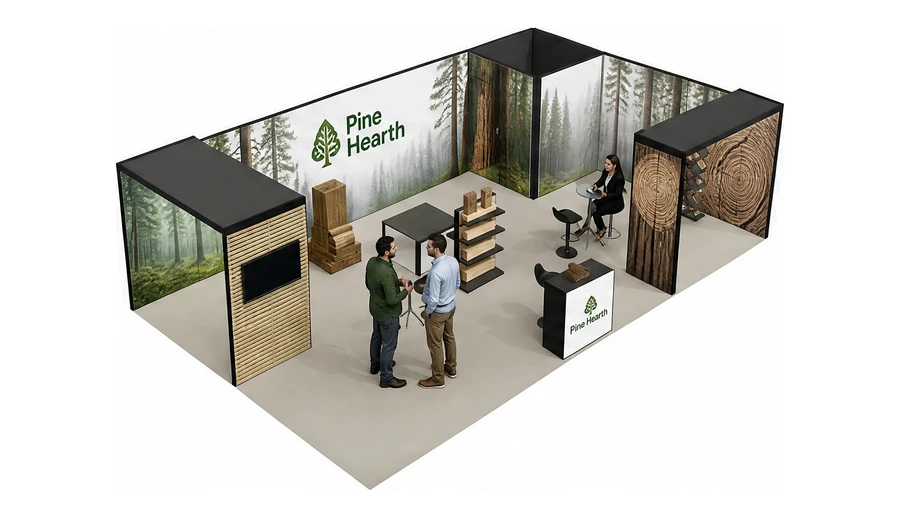 Stoisko 10 × 6 m narożne prawe dla branży leśnictwo i przemysł drzewny, przykładowa marka Pine Hearth