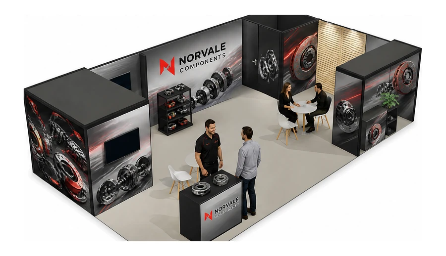 Stoisko 10 × 6 m narożne prawe dla branży części motoryzacyjne, przykładowa marka Norvale Components