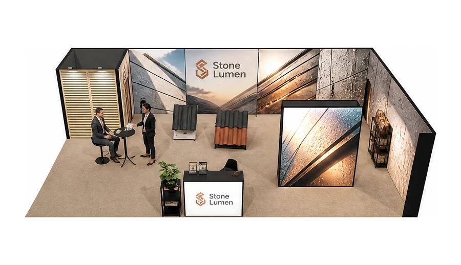 Stoisko 10 × 6 m narożne prawe dla branży dachy i elewacje, przykładowa marka Stone Lumen