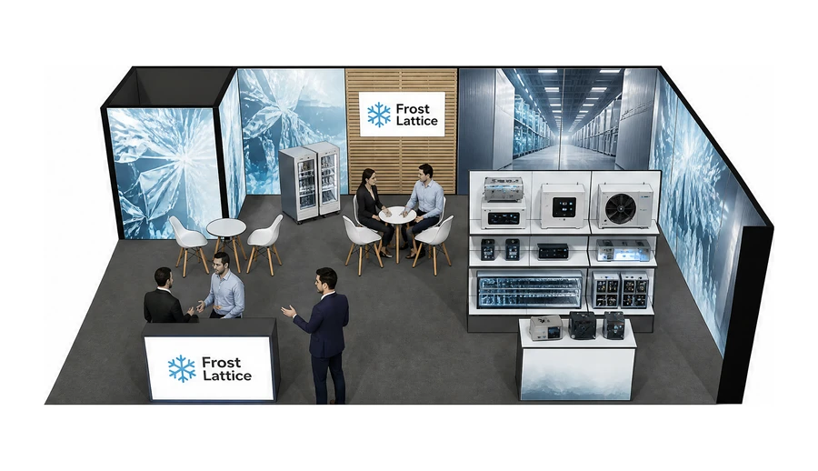 Stoisko 10 × 6 m narożne prawe dla branży łańcuch chłodniczy, przykładowa marka Frost Lattice