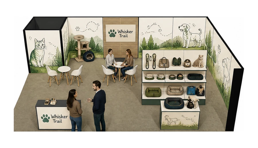 Stoisko 10 × 6 m narożne prawe dla branży akcesoria dla zwierząt, przykładowa marka Whisker Trail