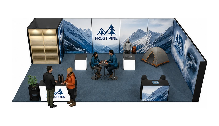 Stoisko 10 × 6 m narożne prawe dla branży odzież i sprzęt outdoorowy, przykładowa marka Frost Pine