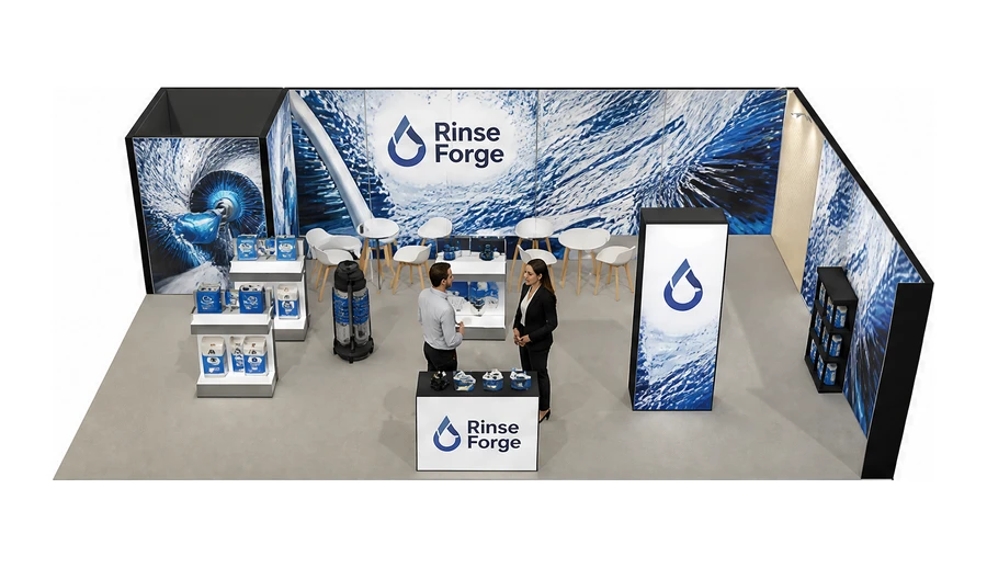 Stoisko 10 × 6 m narożne prawe dla branży myjnie i pielęgnacja aut, przykładowa marka Rinse Forge