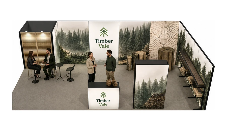 Stoisko 10 × 6 m narożne prawe dla branży leśnictwo i przemysł drzewny, przykładowa marka Timber Vale