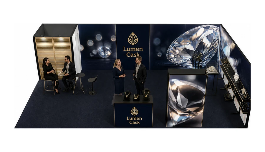 Stoisko 10 × 6 m narożne prawe dla branży biżuteria, przykładowa marka Lumen Cask