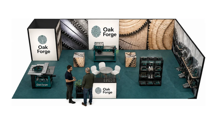 Stoisko 10 × 6 m narożne prawe dla branży maszyny do obróbki drewna, przykładowa marka Oak Forge