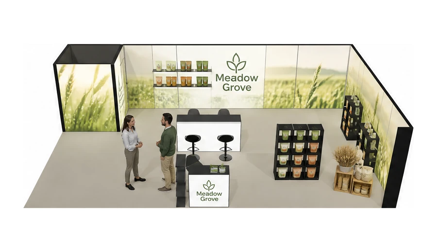 Stoisko 10 × 6 m narożne prawe dla branży żywność ekologiczna, przykładowa marka Meadow Grove
