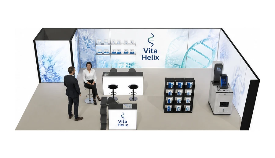 Stoisko 10 × 6 m narożne prawe dla branży farmacja i biotechnologia, przykładowa marka Vita Helix