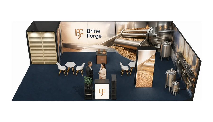 Stoisko 10 × 6 m narożne prawe dla branży technologie spożywcze, przykładowa marka Brine Forge