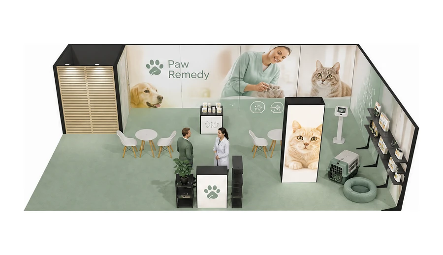 Stoisko 10 × 6 m narożne prawe dla branży weterynaria, przykładowa marka Paw Remedy