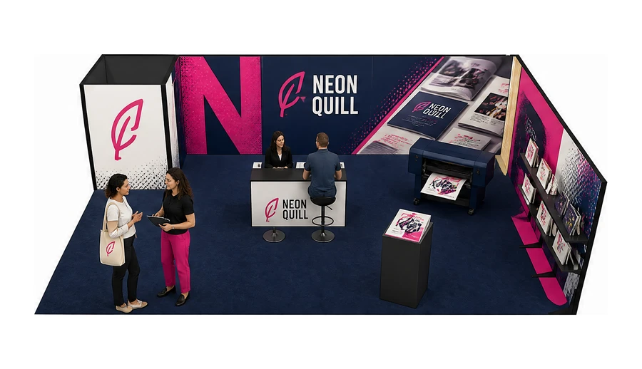 Stoisko 10 × 6 m narożne prawe dla branży reklama i druk, przykładowa marka Neon Quill