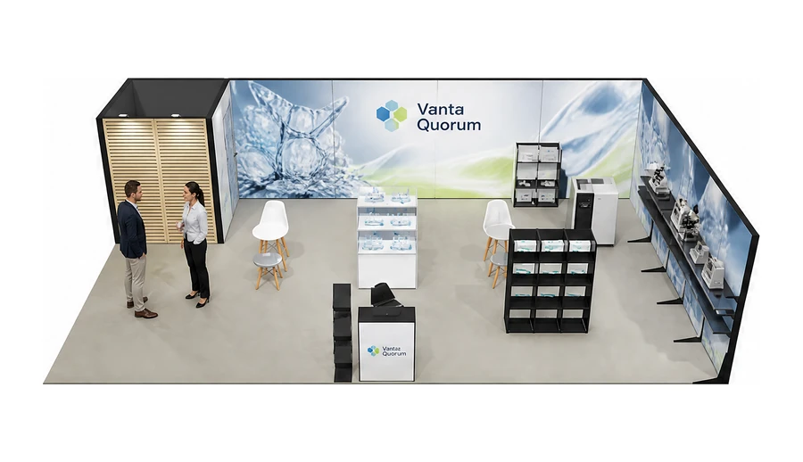 Stoisko 10 × 6 m narożne prawe dla branży sprzęt laboratoryjny, przykładowa marka Vanta Quorum