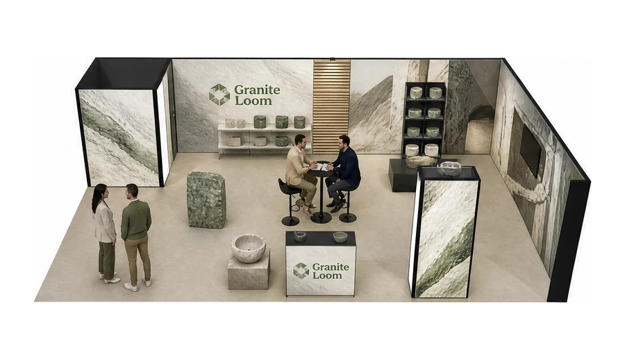 Stoisko 10 × 6 m narożne prawe dla branży kamień i kamieniarstwo, przykładowa marka Granite Loom