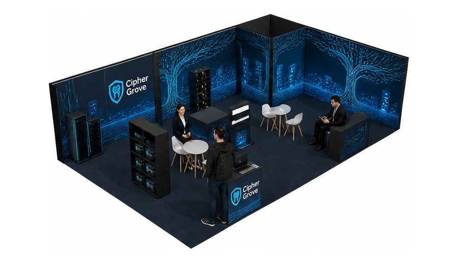 Stoisko 10 × 6 m narożne prawe dla branży cyberbezpieczeństwo, przykładowa marka Cipher Grove
