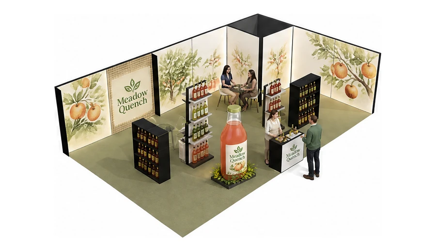 Stoisko 10 × 6 m narożne prawe dla branży napoje, przykładowa marka Meadow Quench