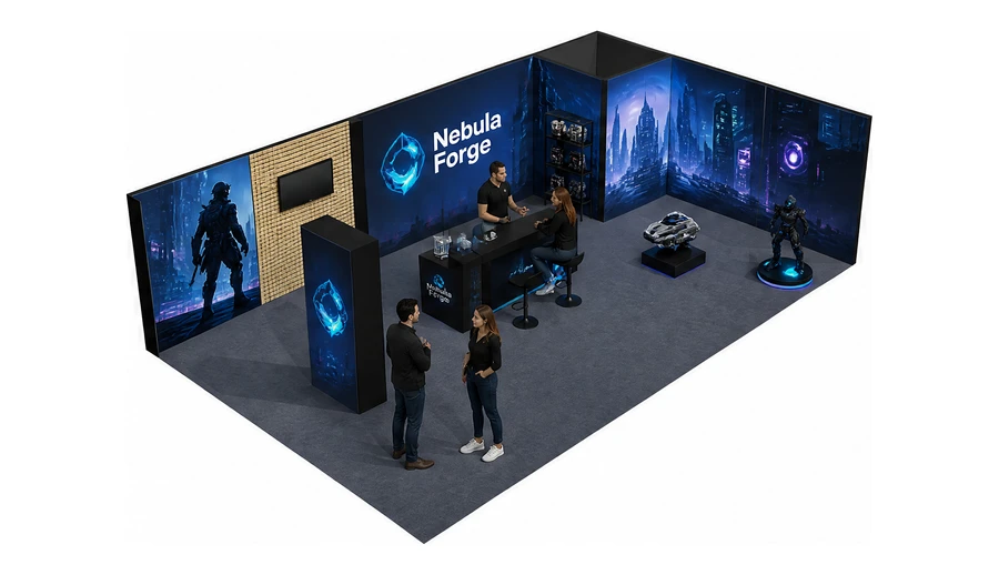 Stoisko 10 × 6 m narożne prawe dla branży gry wideo, przykładowa marka Nebula Forge