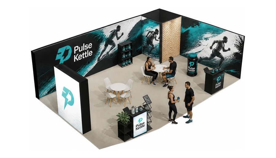 Stoisko 10 × 6 m narożne prawe dla branży suplementy diety, przykładowa marka Pulse Kettle