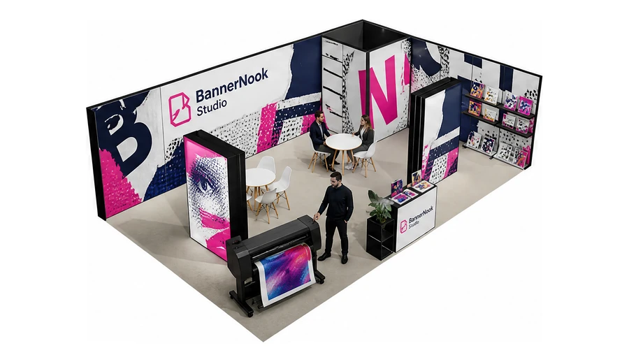 Stoisko 10 × 6 m narożne prawe dla branży reklama i druk, przykładowa marka BannerNook Studio