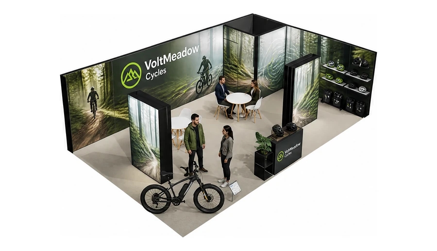 Stoisko 10 × 6 m narożne prawe dla branży rowery elektryczne, przykładowa marka VoltMeadow Cycles