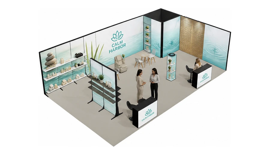 Stoisko 10 × 6 m narożne prawe dla branży spa i wellness, przykładowa marka Calm Harbor