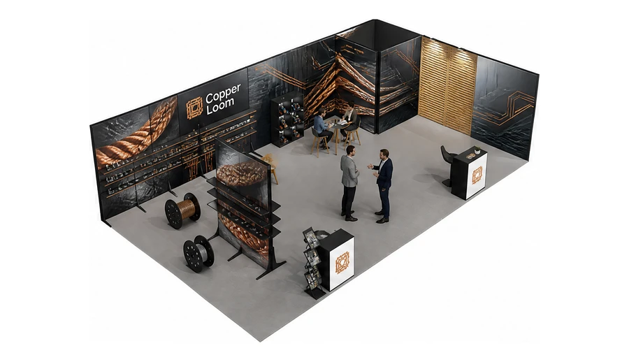Stoisko 10 × 6 m narożne prawe dla branży kable i elektrotechnika, przykładowa marka Copper Loom