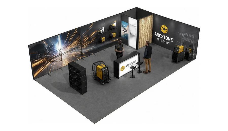 Stoisko 10 × 6 m narożne prawe dla branży spawalnictwo, przykładowa marka Arcstone Welders