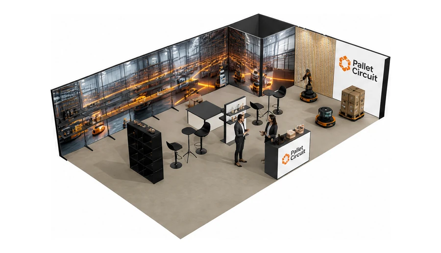 Stoisko 10 × 6 m narożne prawe dla branży intralogistyka i magazyn, przykładowa marka Pallet Circuit
