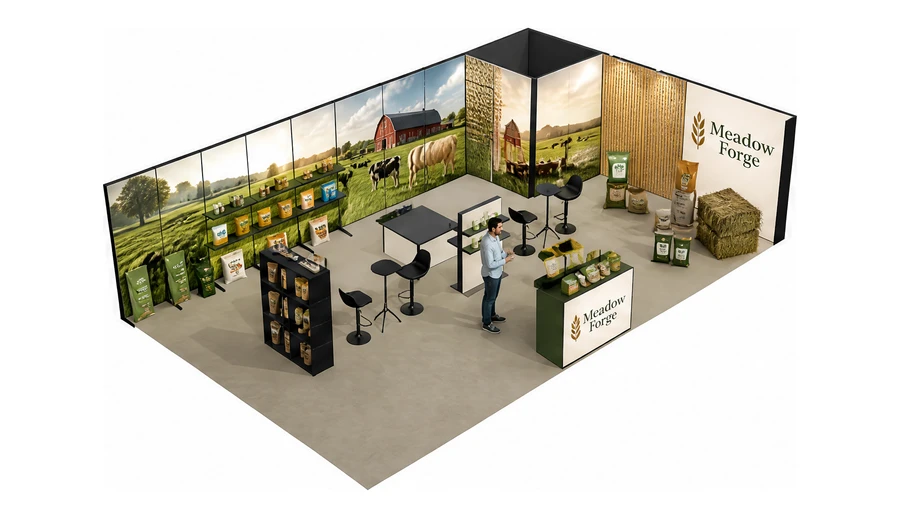 Stoisko 10 × 6 m narożne prawe dla branży hodowla i pasze, przykładowa marka Meadow Forge