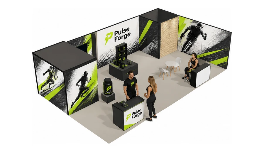 Stoisko 10 × 6 m narożne prawe dla branży suplementy diety, przykładowa marka Pulse Forge